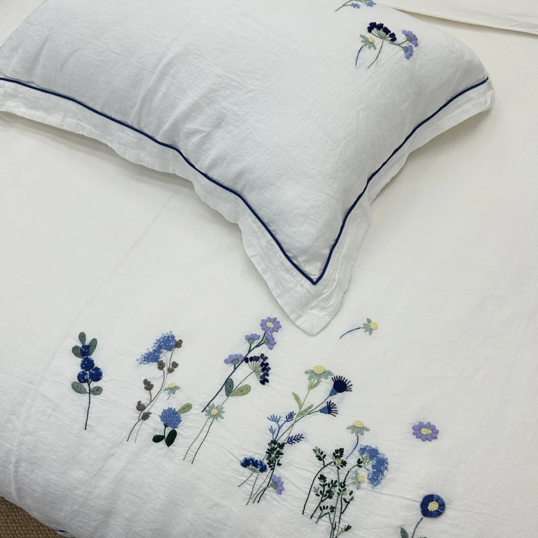 【暮秋汉麻四件套】麻色白色手工绣花浪漫梦幻大气被套床单全麻套件