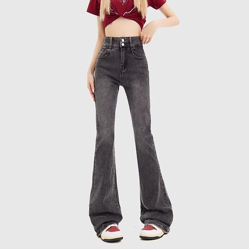 烟灰色微喇牛仔裤女2025新款秋季高腰弹力辣妹马蹄加绒加厚喇叭裤