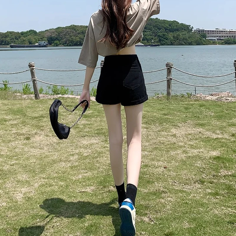 黑色高腰牛仔裤短裤女夏季2025新款外穿弹力显瘦小个子阔腿热裤子