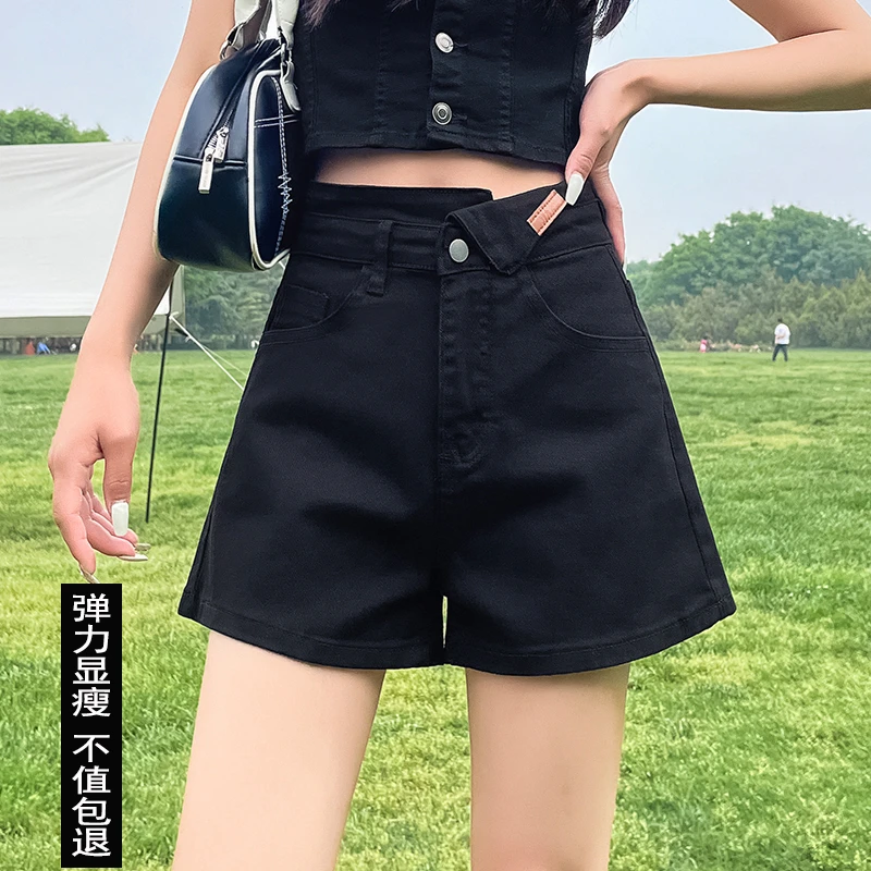 牛仔短裤女夏季2025新款高腰显瘦遮肚黑色小个子外穿学生阔腿热裤