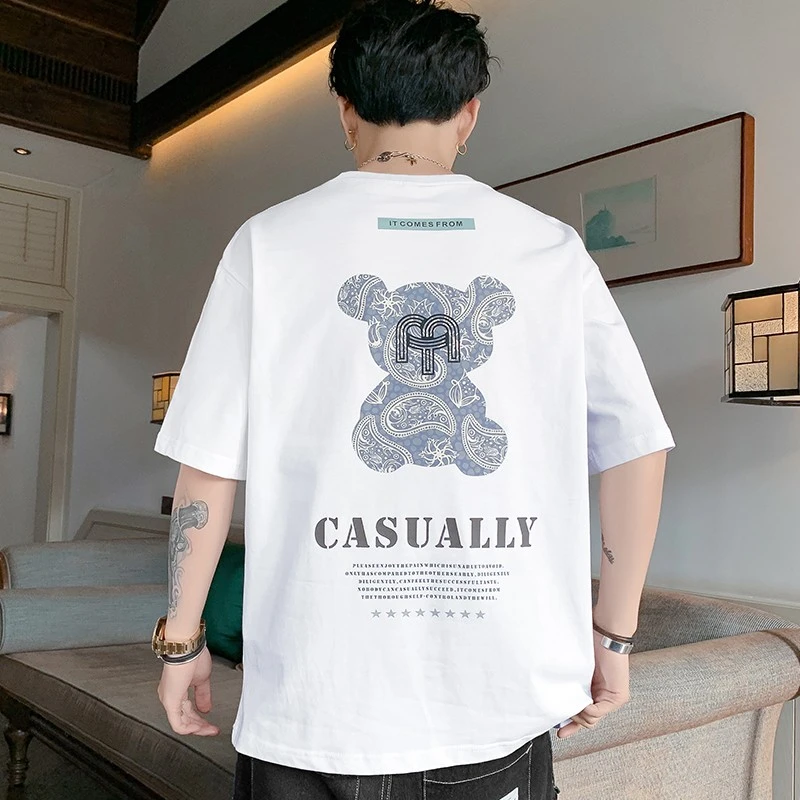 短袖t恤男2024夏季潮牌宽松百搭潮流ins小熊印花纯棉衣服打底69