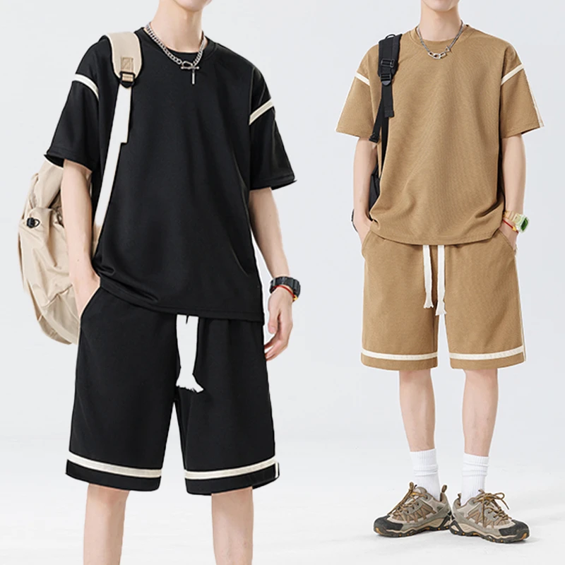 夏季休闲透气套装圆领短袖套装撞色男潮流百搭宽松休闲两件套2591