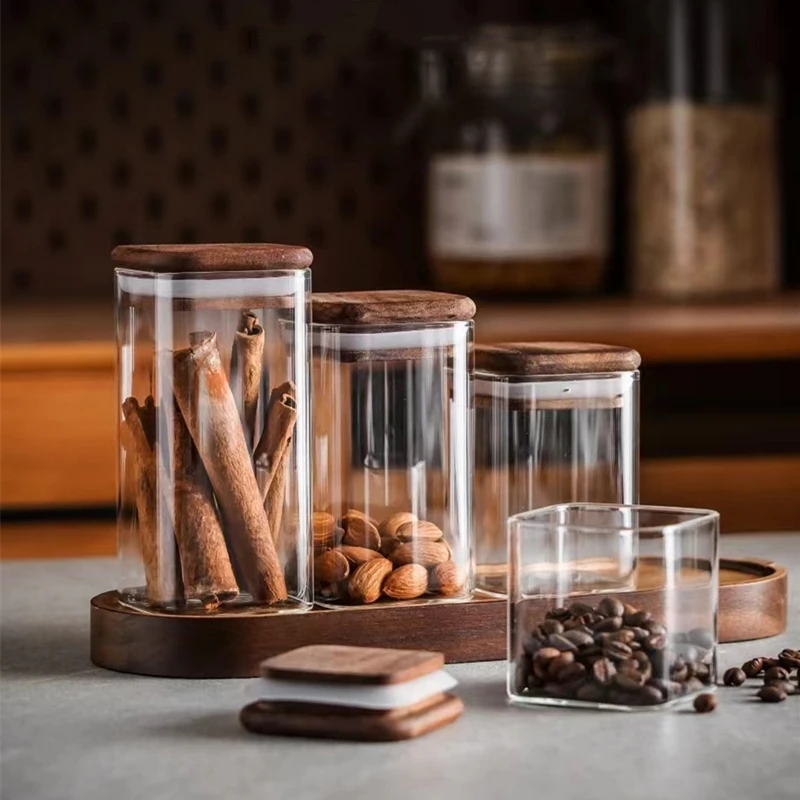 玻璃储物罐小容量茶叶罐迷你民宿方形木盖五谷杂粮咖啡密封无异味