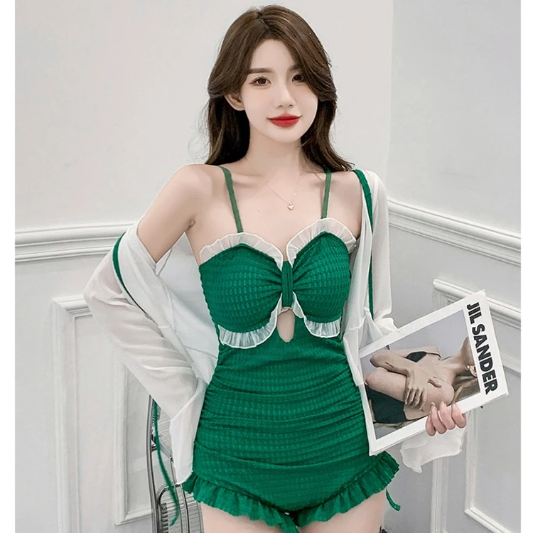 泳衣女小胸保守泡温泉泳衣女款度假遮肚显瘦性感长袖荷叶边游泳衣