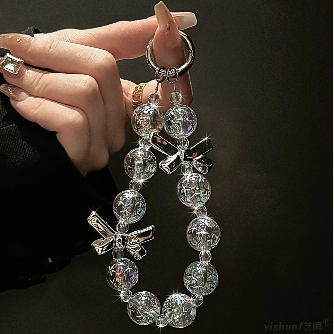 高级奢华电镀银蝴蝶结冰晶白串珠手提链条挂绳防丢钥匙扣挂件吊绳