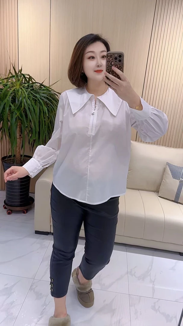 【聪姐推荐】8170韩版宽松百搭海军领半拉链衬衫（衣长70，胸围130）