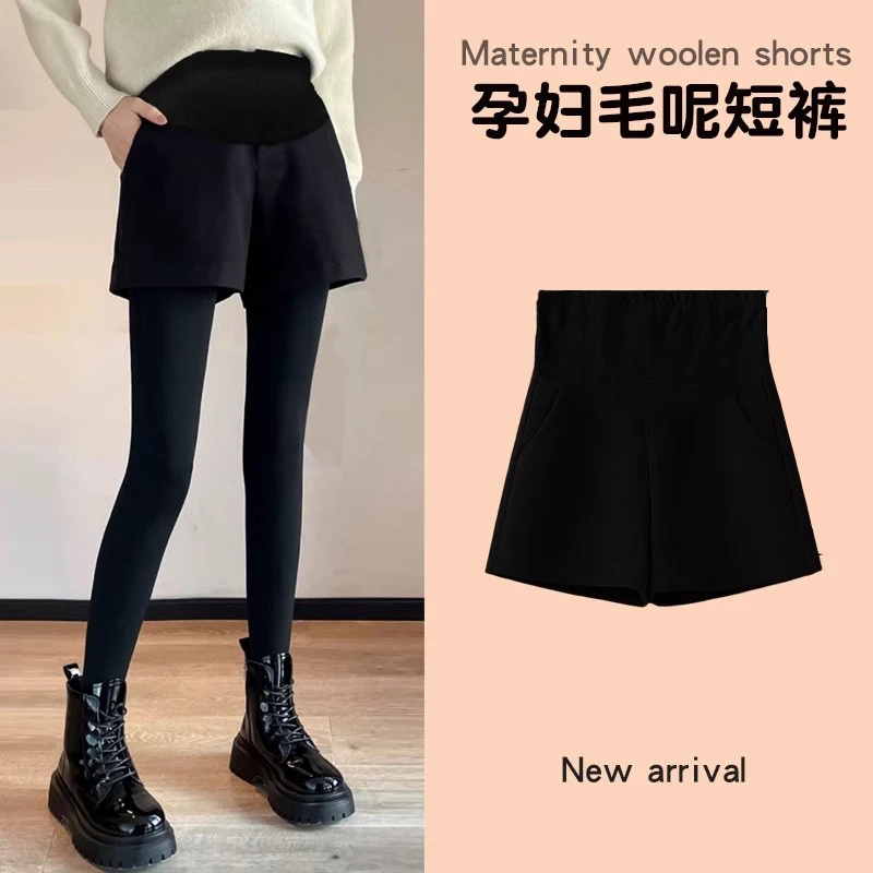 黑色孕妇短裤春装2024新款外穿打底裤子孕期宽松托腹阔腿毛呢靴裤