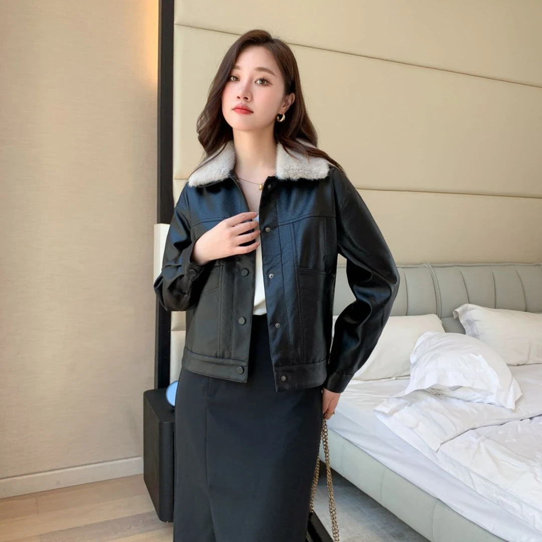 YCH0025复古毛领皮夹克加绒加厚外套休闲修身百搭