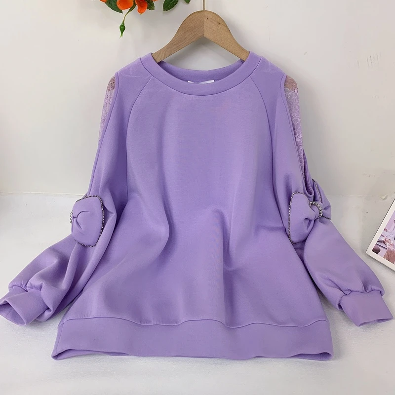 8060 2024年秋季新款韩版宽松上衣蕾丝拼接蝴蝶结慵懒风卫衣女NNS