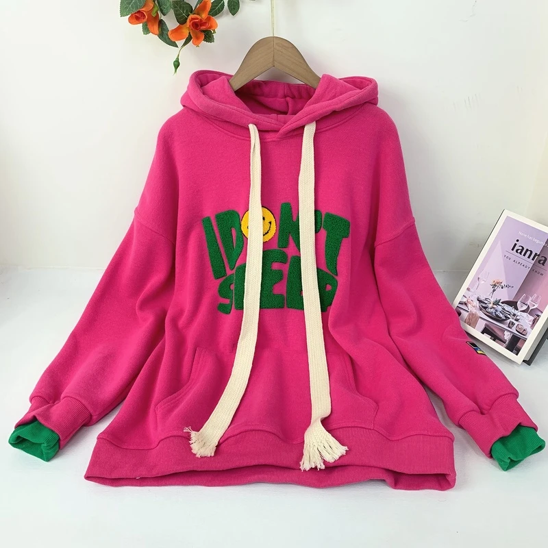 8158  2024秋冬新款韩版笑脸字母慵懒风上衣女连帽拼色卫衣女BBR