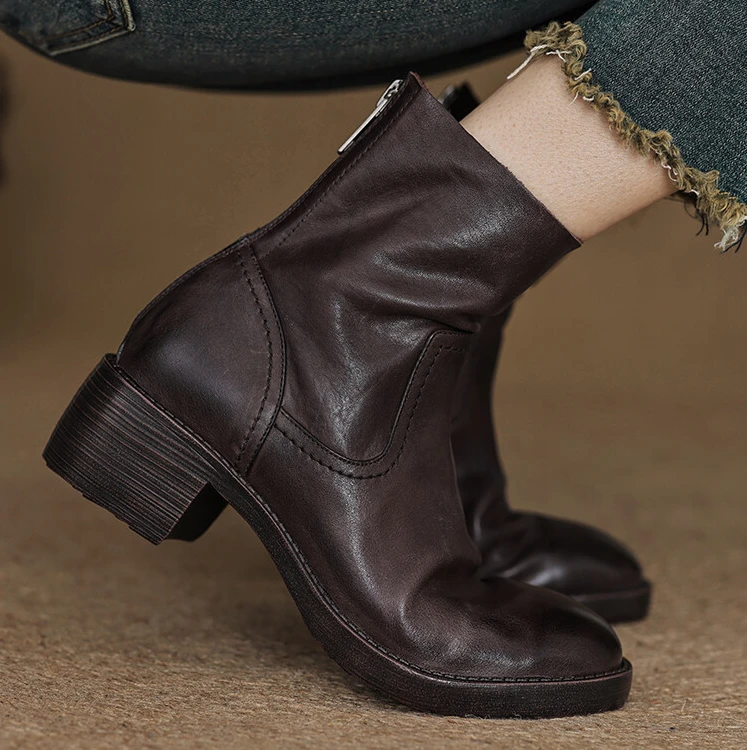 4.5cm头层水洗牛皮/轻奢显瘦复古马丁靴女真皮英伦风短靴女秋冬
