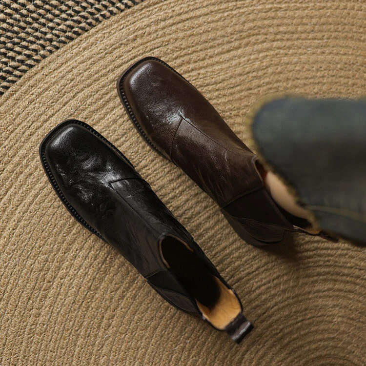 洋气轻奢/4cm头层羊皮方头切尔西女靴子英伦风粗跟真皮短靴女秋冬