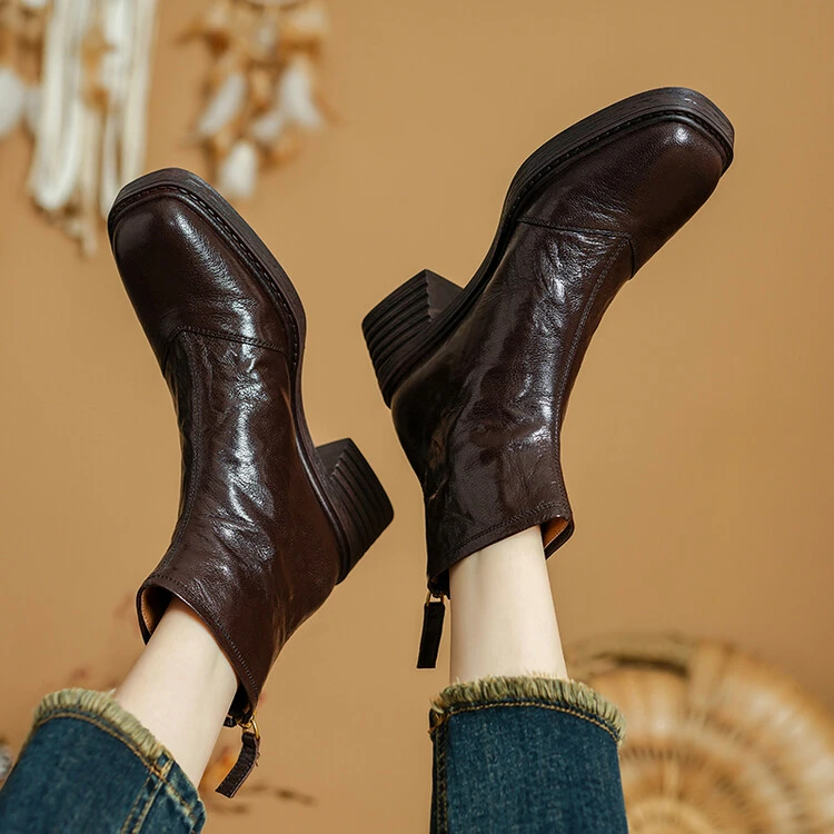 轻奢洋气5.5cm/头层羊皮英伦风马丁靴女真皮短靴女秋冬方头高跟靴