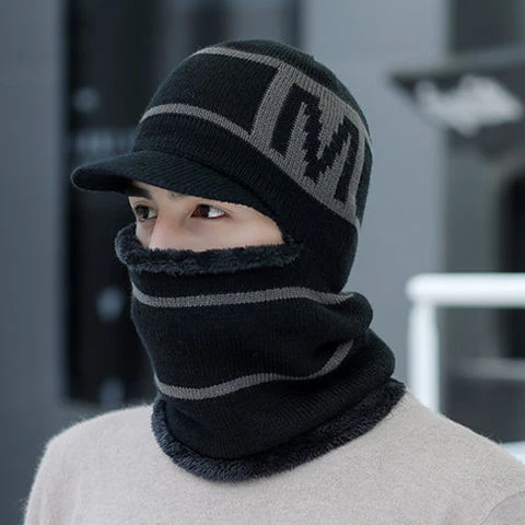 2023连体帽子男士冬天加绒厚围脖保暖毛线一体帽骑车护脸防寒棉保