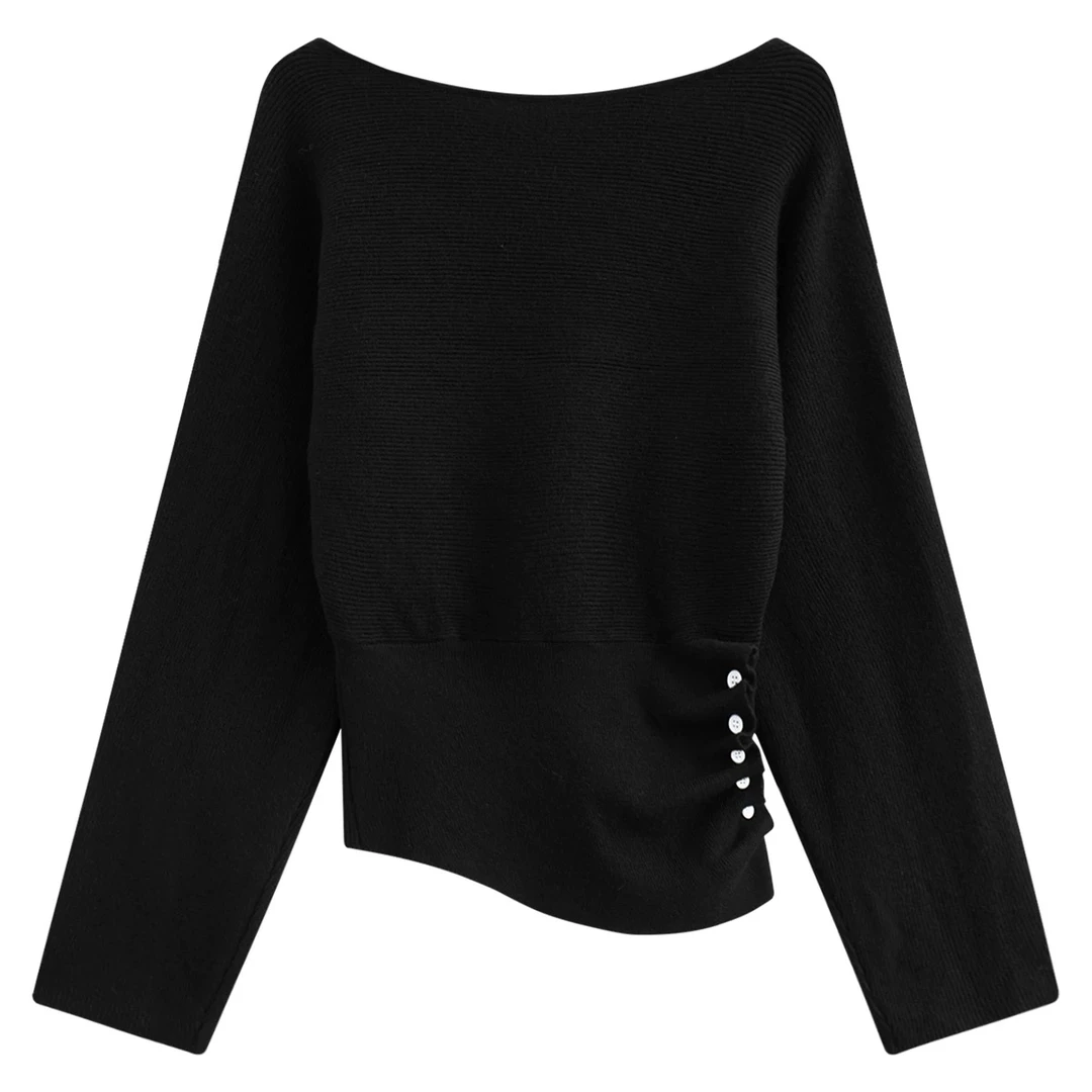 一字肩毛衣女冬季新款不规则收腰显瘦上衣优雅气质法式长袖针织衫