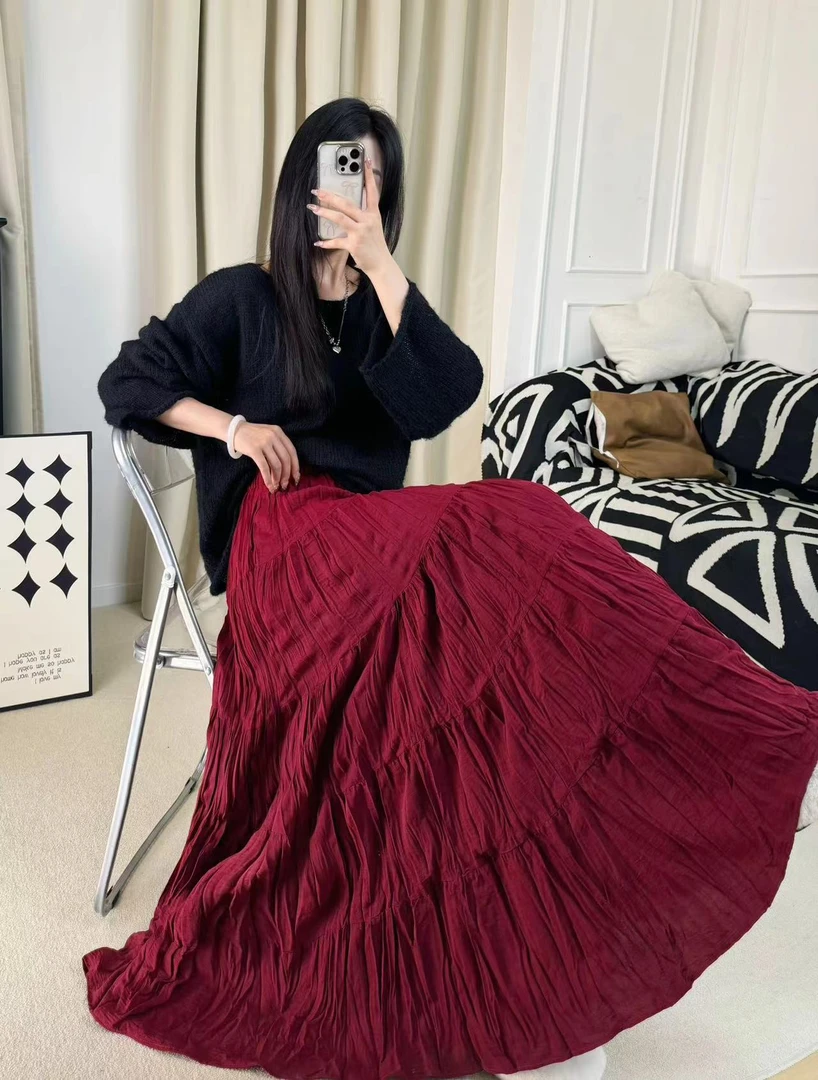 早秋新款纯色大摆裙有口袋显瘦半身裙高腰百搭A字复古百褶长裙