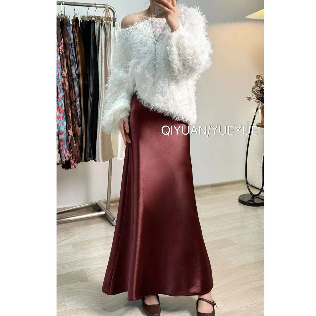 春秋松紧高腰显瘦中长款缎面丝滑新中式穿搭半身裙包臀鱼尾裙