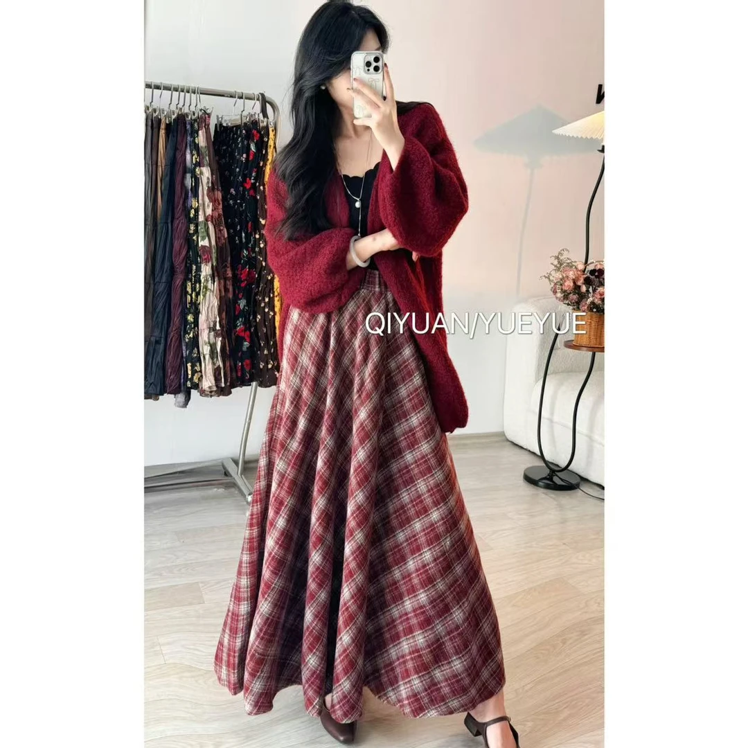 加厚松紧腰毛呢格子半身裙女秋冬新款长裙遮胯伞裙中长款a字裙子