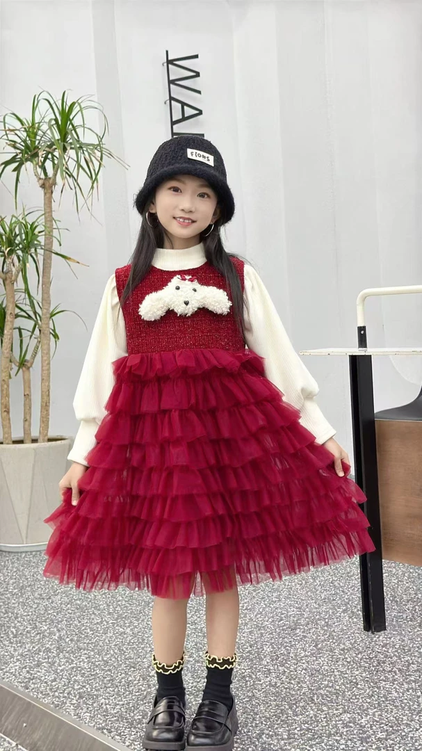 A155新年新款绒绒小狗两件套连衣裙