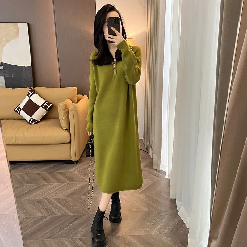 2023时尚A字裙冬款长袖针织连衣裙女冬天秋冬打底高档内搭连衣裙