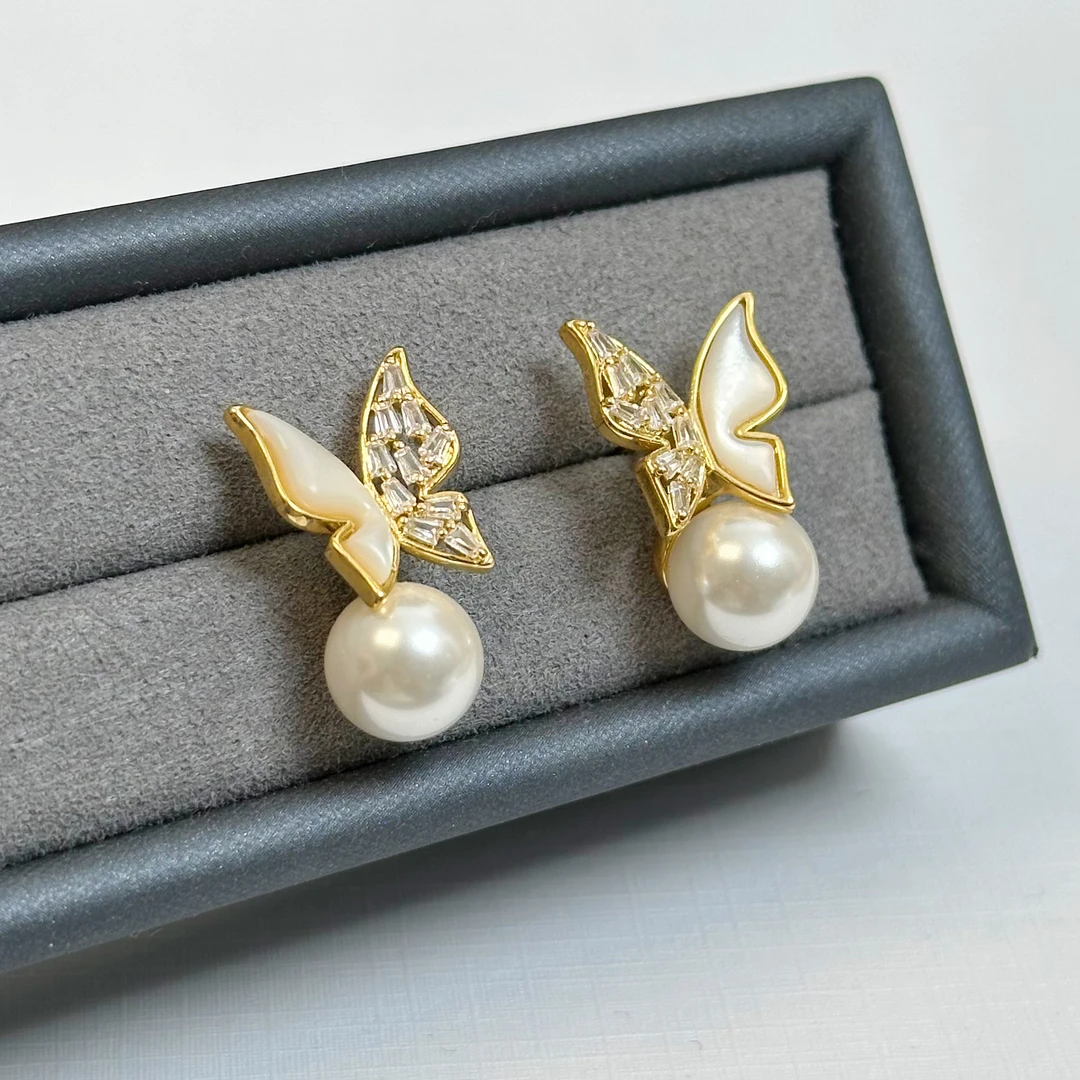 N.SUKOO 铜合金仿珍珠耳饰 E0015 蝴蝶贝珠气质优雅名媛时尚耳饰