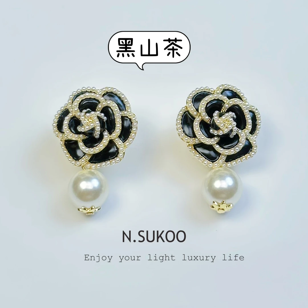 铜合金仿珍珠耳饰 E0151 时尚优雅高贵气质经典山茶花耳环