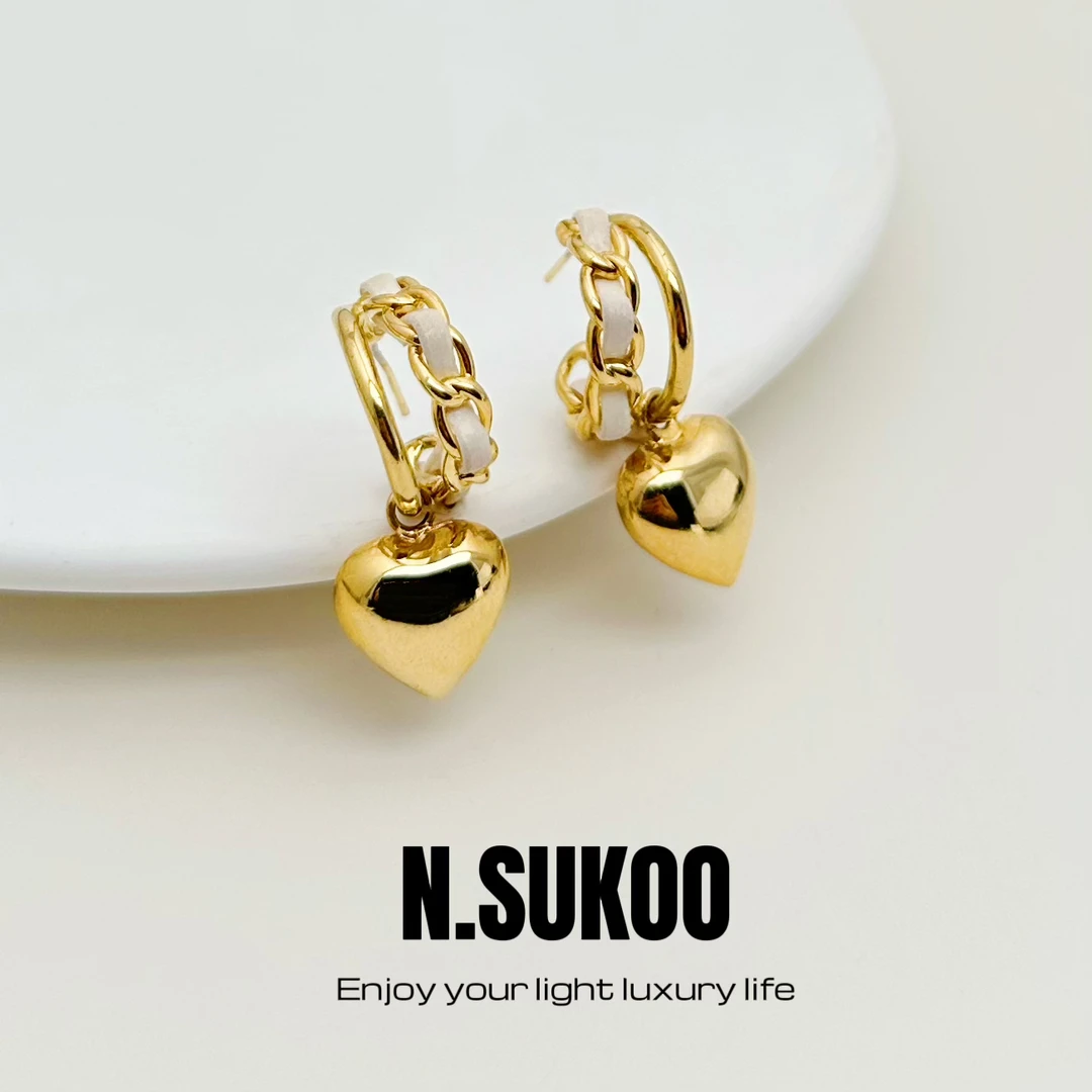 铜合金皮质耳饰 E0120 轻奢双层皮革链条爱心百搭气质耳饰