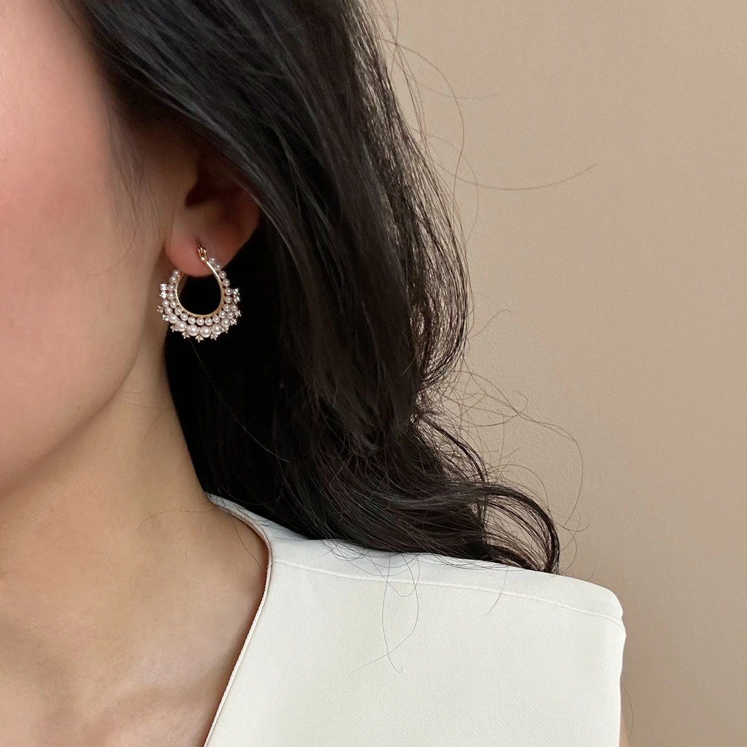 铜合金仿珍珠耳饰 E0090 时尚满珠气质优雅耳圈设计师款