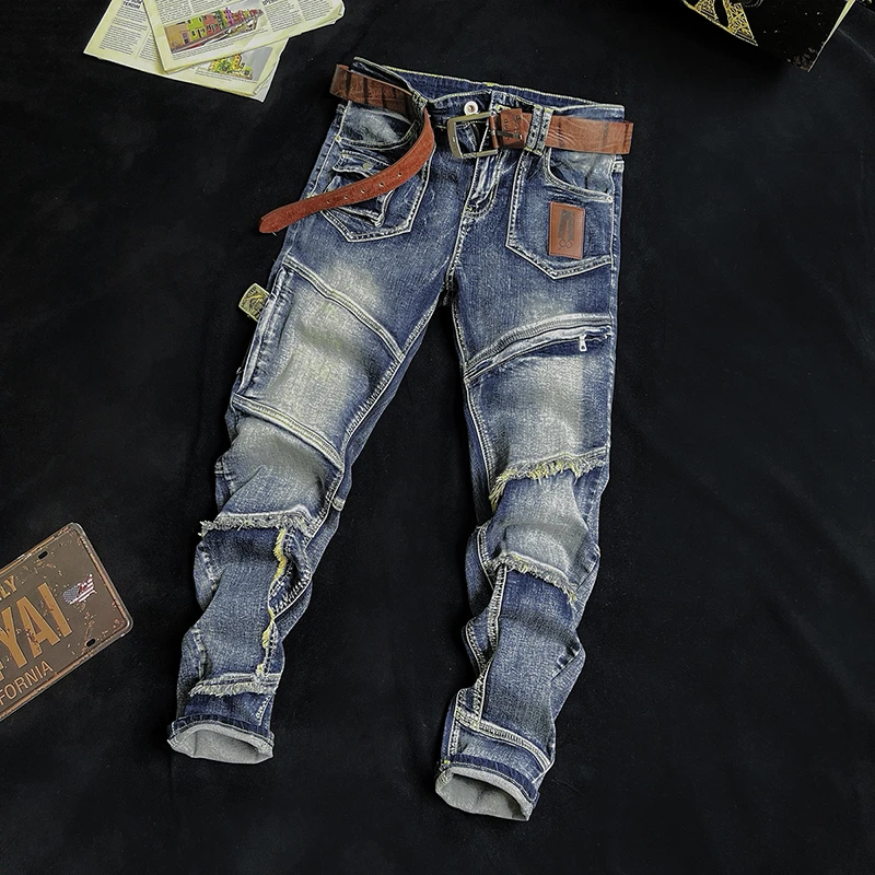 欧美百搭新款拼接休闲小直筒牛仔裤男士深色做旧复古修身弹力弹力