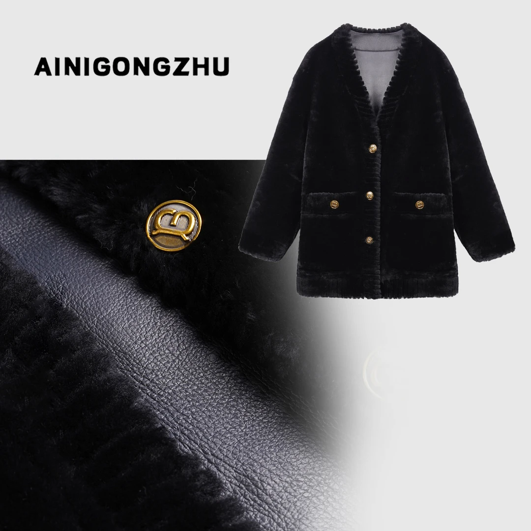 AINIGONGZHU/艾妮公主设计款时尚气质V领绵羊毛皮一体外套22093