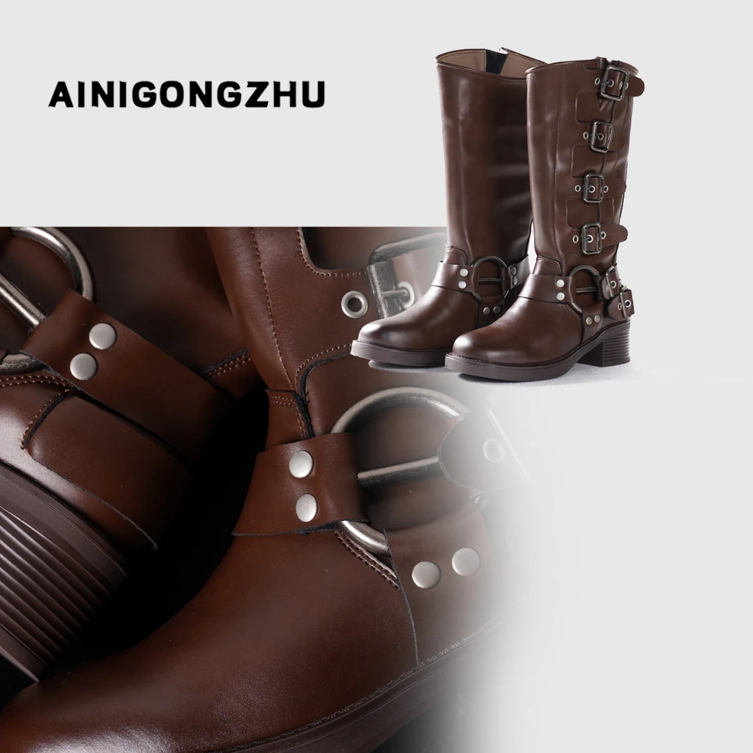 AINIGONGZHU/艾妮公主女士时装复古中筒靴高跟时尚百搭靴子20118
