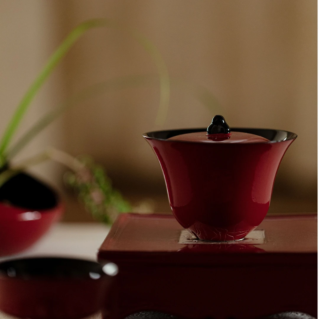 慕兮予物赭梦红朱-佛心盖碗二才盖碗家用防烫手抓盖碗泡茶碗