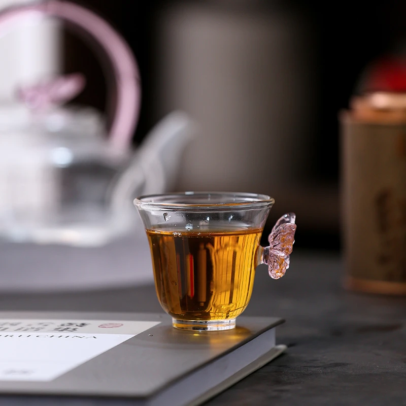 慕兮予物粉色蝴蝶玻璃主人杯碟恋茶杯耐热高硼硅防烫大容量茶水杯
