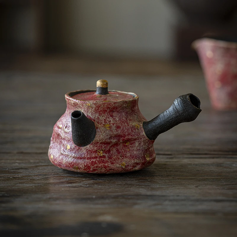 慕兮予物洒金原矿彩陶侧把壶老岩泥手工手绘复古粗陶陶瓷茶具