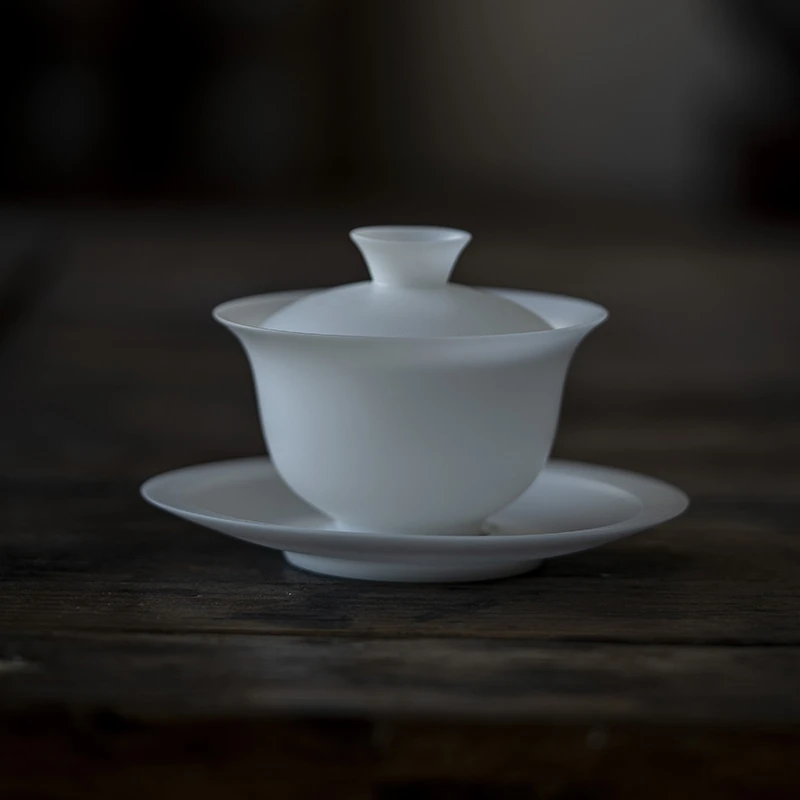 冰种玉泥瓷羊脂玉素烧三才盖碗大号家用泡茶碗茶具150ml