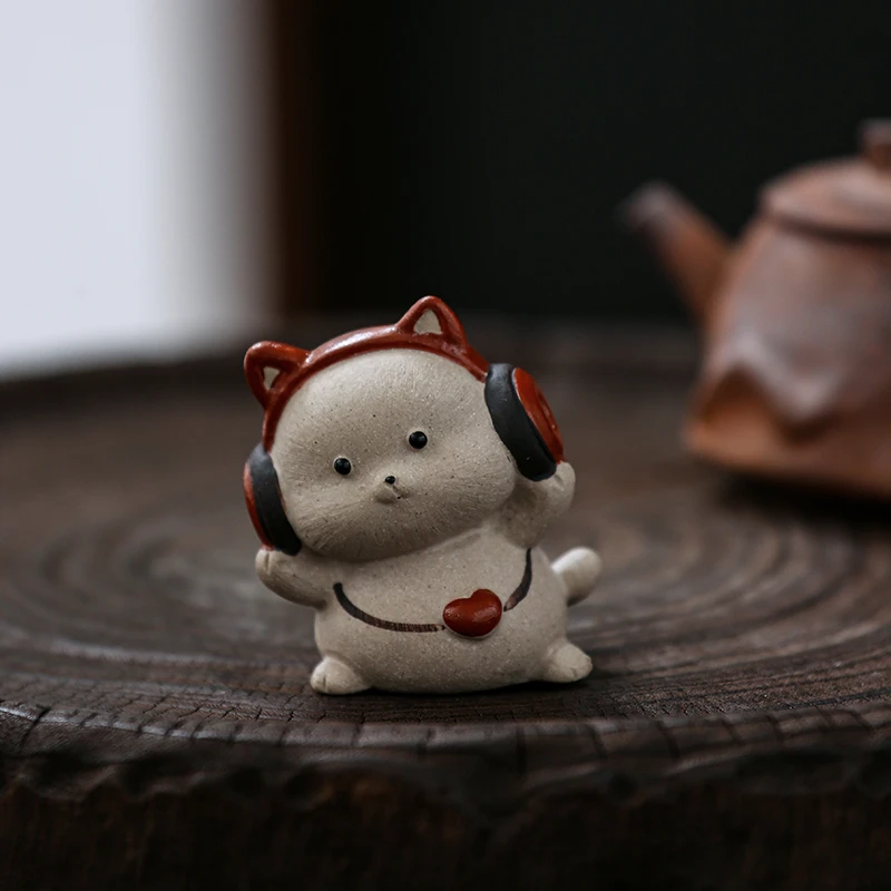 慕兮予物摇滚可爱萌猫茶宠紫砂段泥茶玩手工小摆设摆件陶瓷把玩件