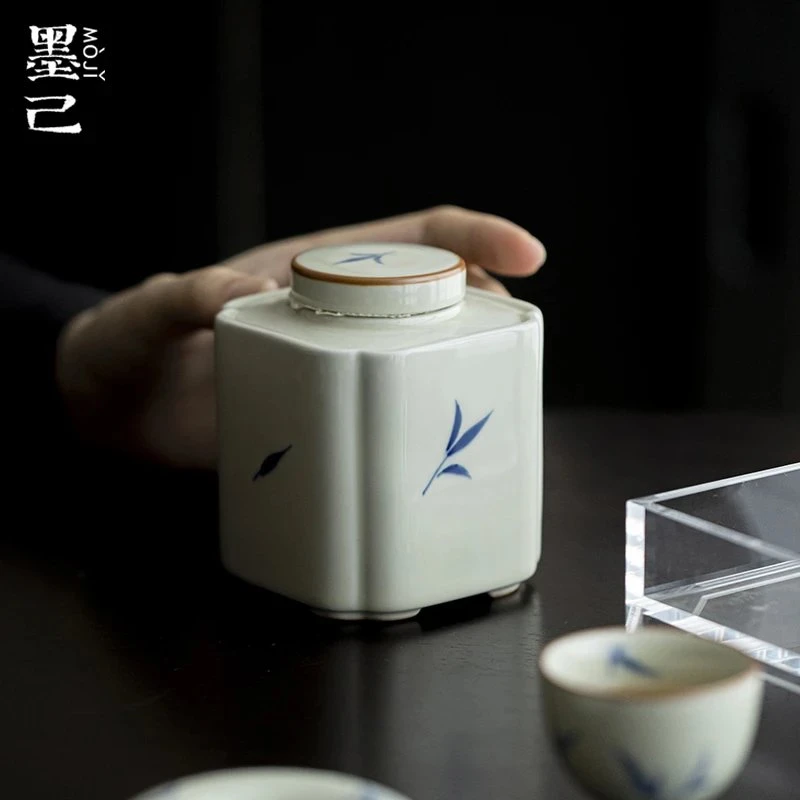 手绘竹子仿古泥茶叶罐密封罐功夫茶具家用陶瓷储物罐茶仓
