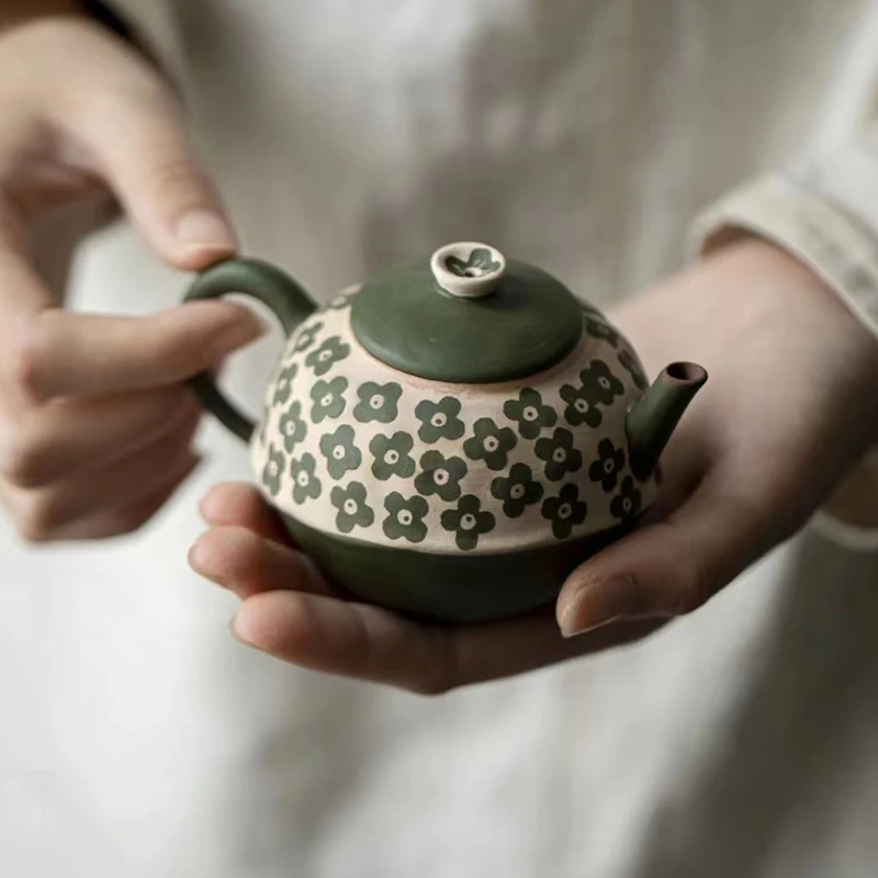 慕兮予物空梦茶壶绿色手绘团花陶瓷功夫茶具主人杯茶杯家用泡茶壶