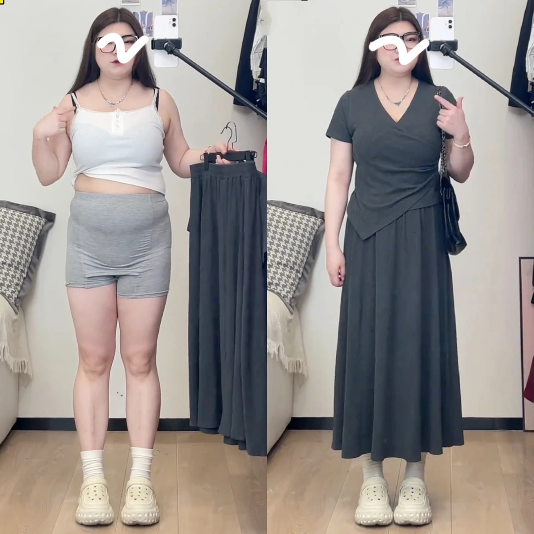 大码女装百搭休闲设计感不规则褶皱遮肚显瘦上衣+半身裙两件套装