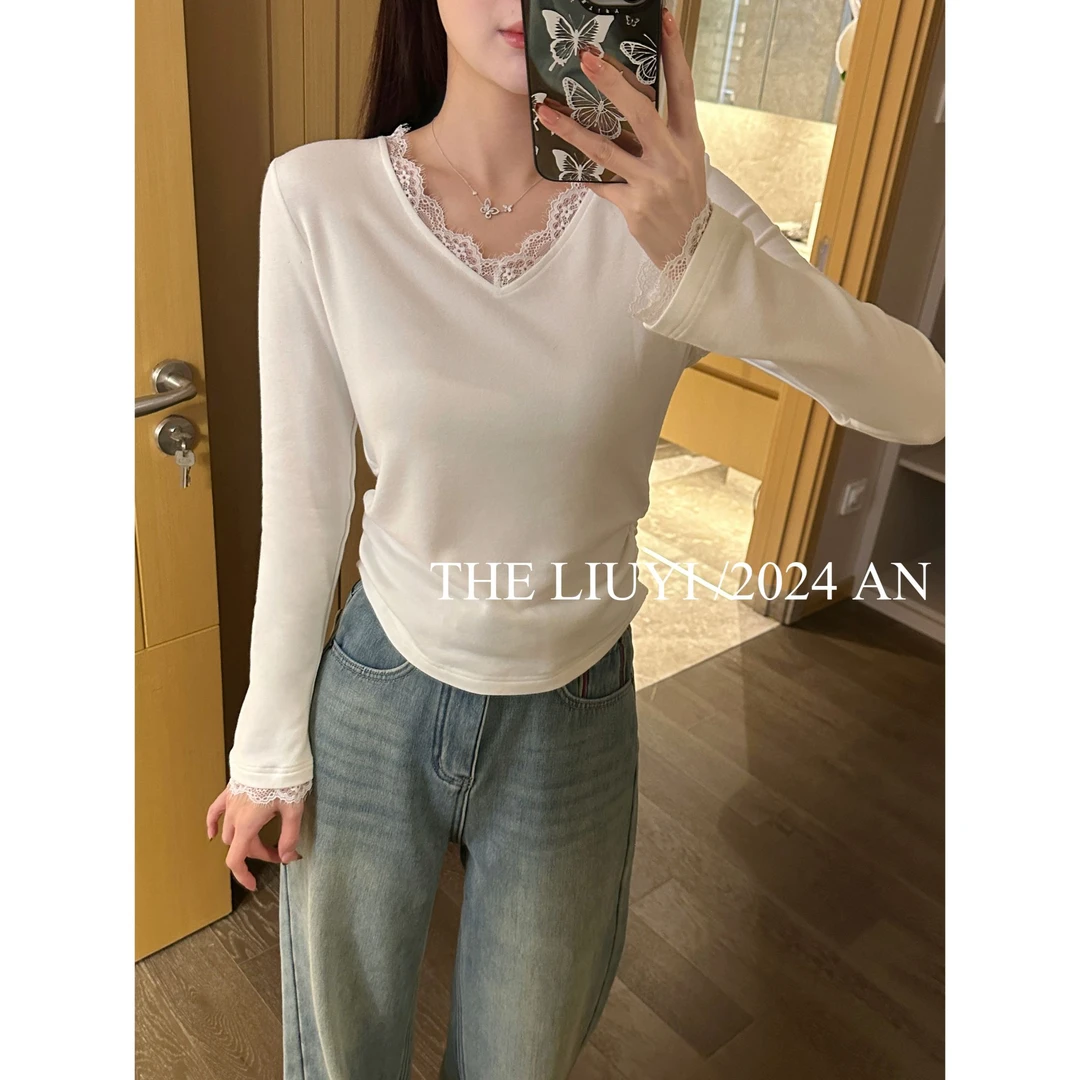 【LIUYI】芭蕾T~冬季蕾丝加绒v领T恤上衣410275