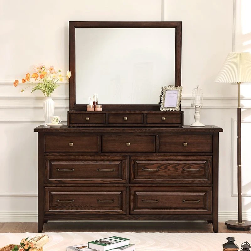 美式实木梳妆台简约做旧复古风斗柜水曲柳家具小户型化妆桌定制柜