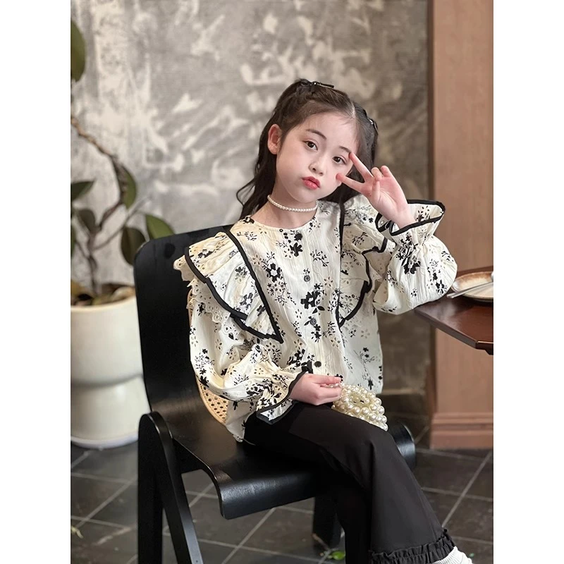 女童衬衫2024春季新款儿童中国风水墨花边长袖衬衣女大童24012731