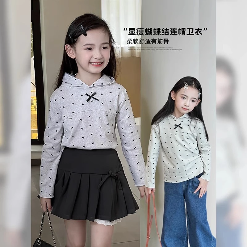 女童T恤秋季新款儿童韩版连帽长袖打底衫女大童休闲上衣24082113