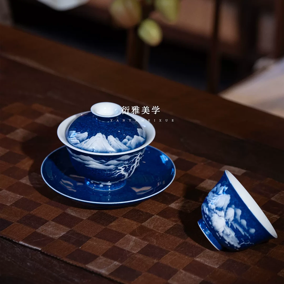 初蓝舍 洒蓝釉堆白雕刻山水盖碗套组 景德镇手工茶具