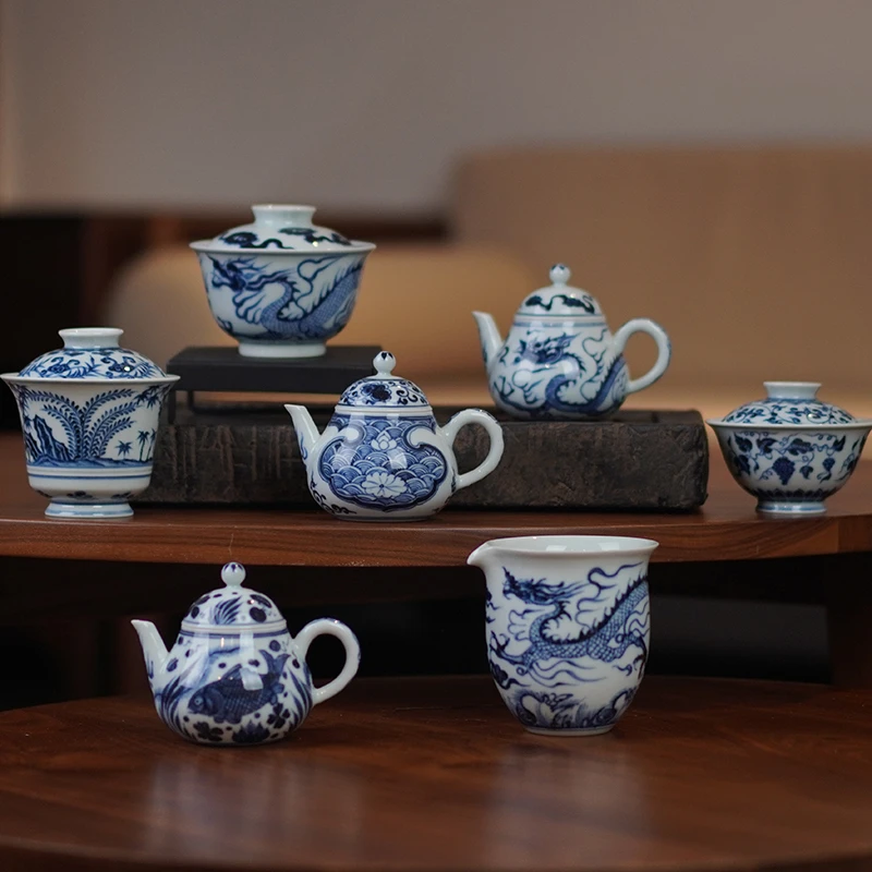 观古珍玩景德镇高端仿古柴窑永宣仿明青花纯手工主人杯盖碗茶壶