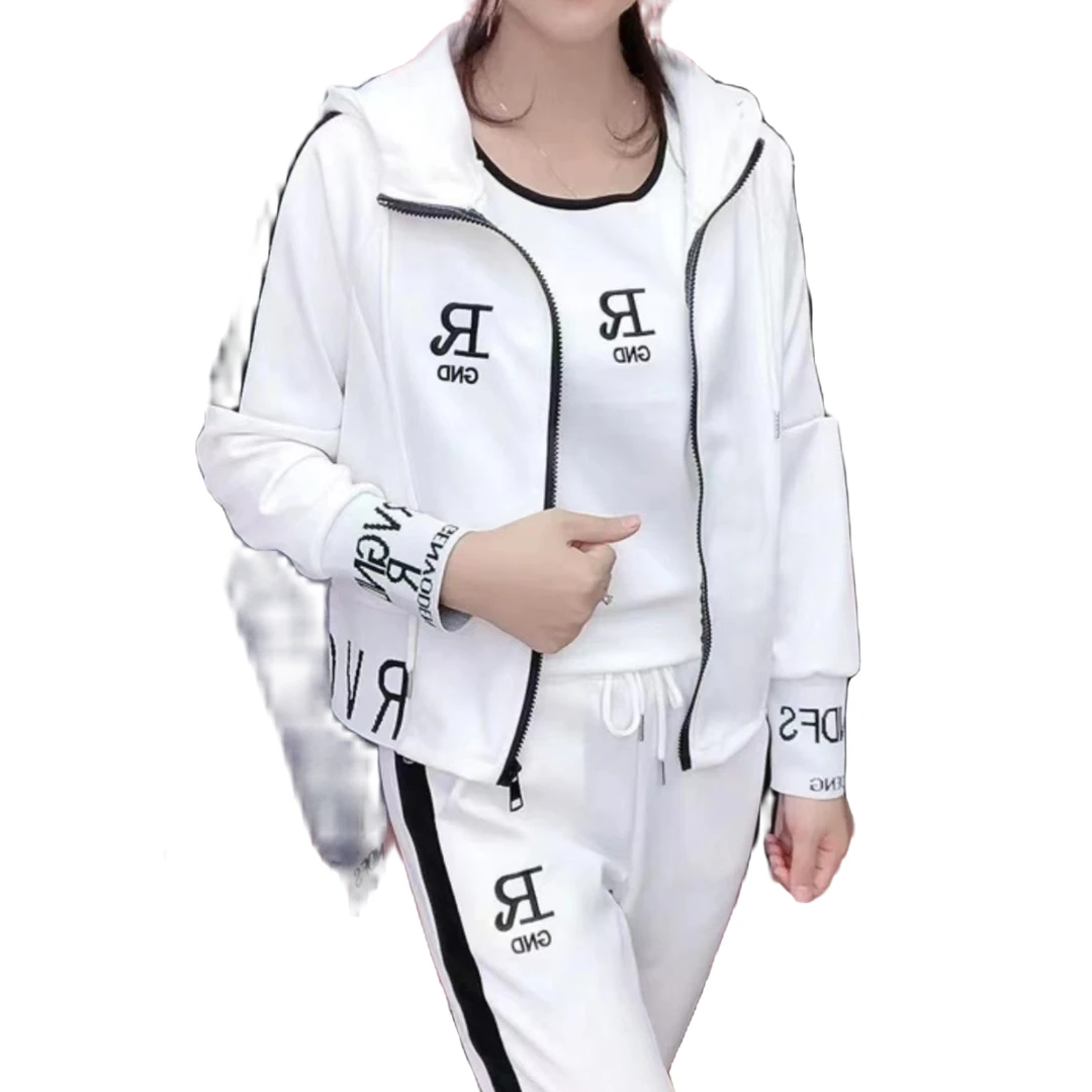 8118春季新款休闲运动套装三件套砍袖+外套+裤子时尚连帽显瘦春秋