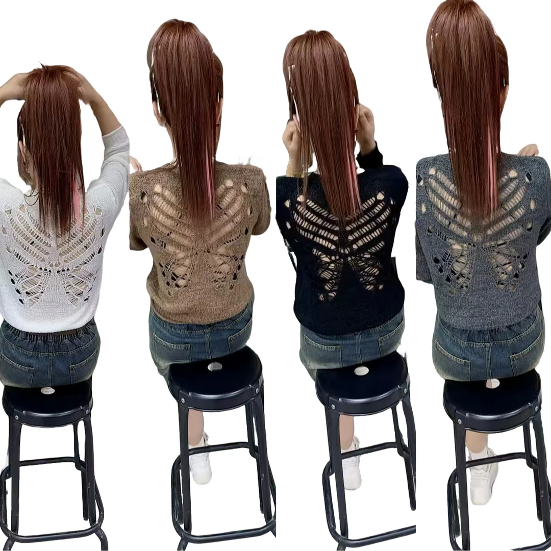 2024年秋季新款蝴蝶美背针织衫性感火辣露背诱惑百搭