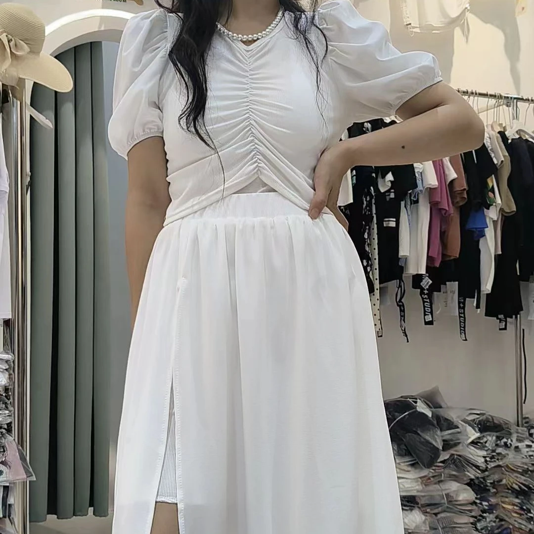 582#一整套女装气质时尚法式设计师V领夏季小众泡泡袖显瘦