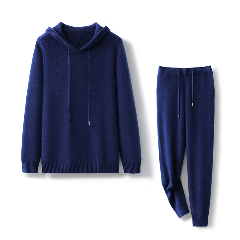 男士100纯山羊绒套装帽衫套头裤子长袖加厚连帽休闲百搭纯色c27