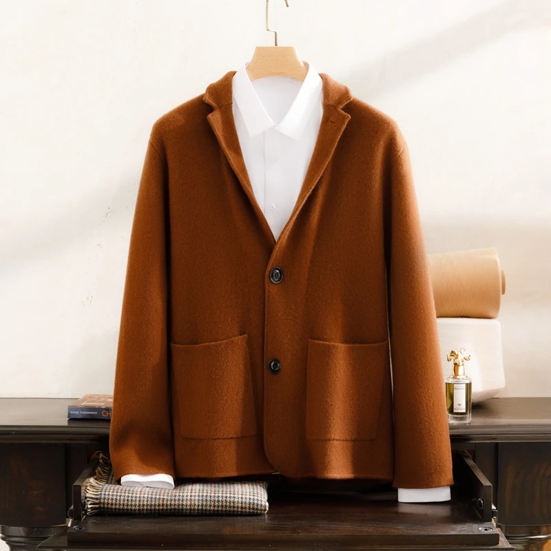 西装领加厚百搭开衫秋冬100%纯山羊绒男装休闲羊绒针织衫XBFc51